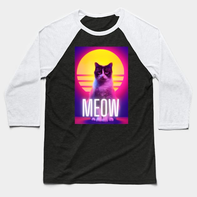 Meow Synthwave Cat Baseball T-Shirt by 80snerd